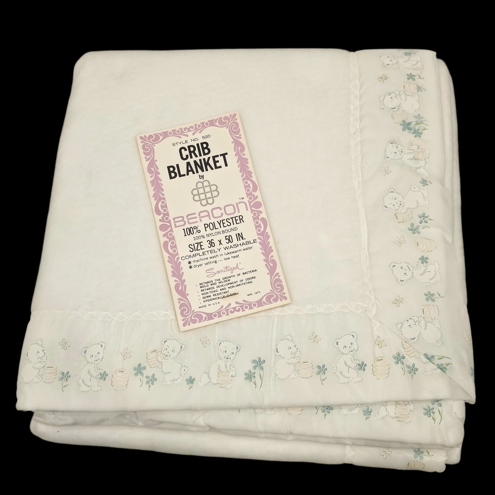 VTG Beacon Baby Blanket‎ Teddy Bears White Nylon Trim Fleece 36x50